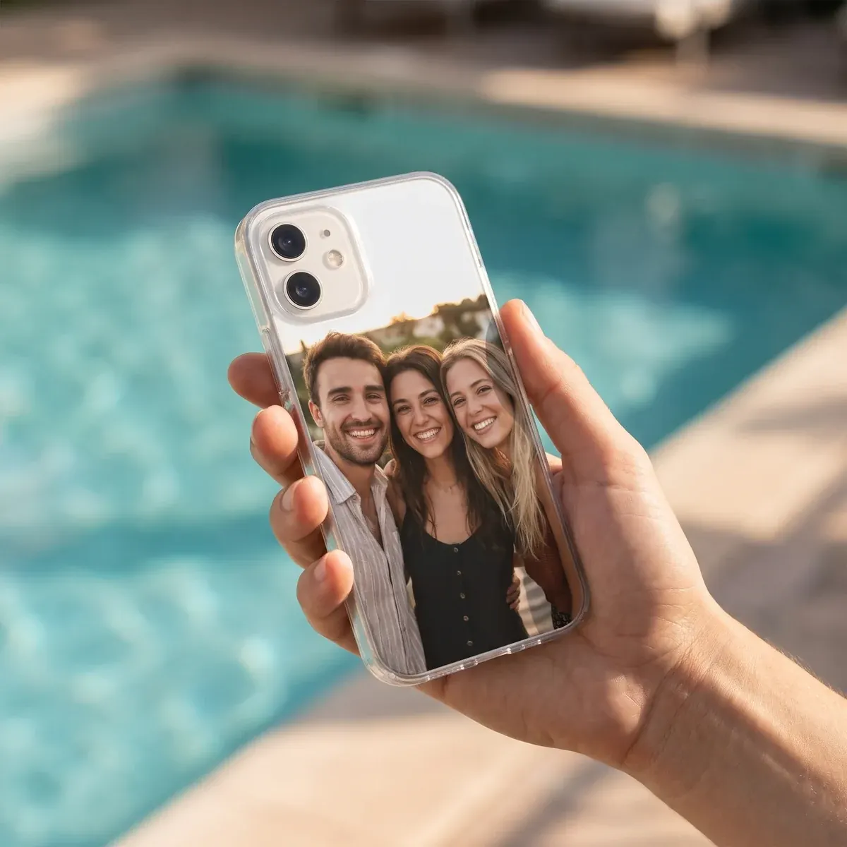 Una funda transparente impresa con una foto de tres amigas junto a una piscina