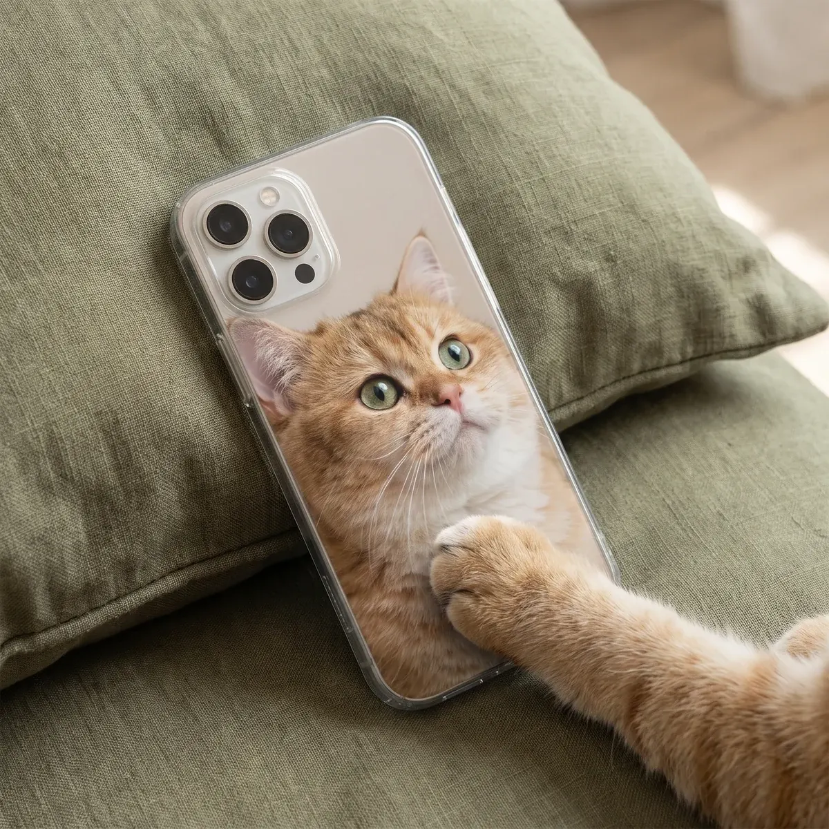 Eine durchsichtige Handyhülle mit einem Katzenporträt