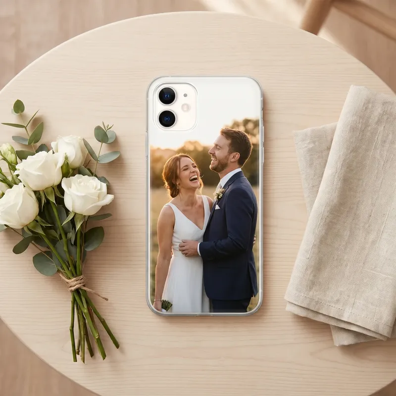 Phone case printed with a wedding photo
